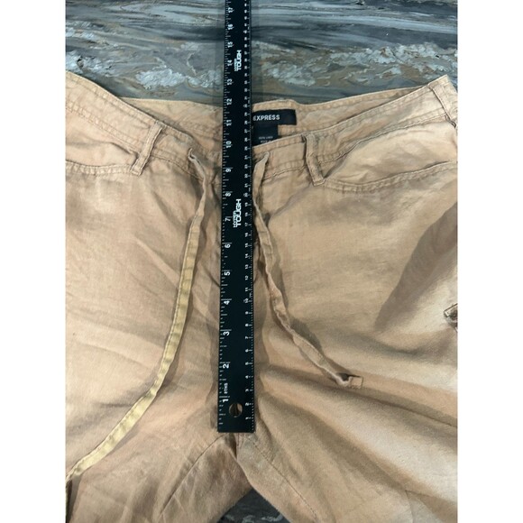 Express Womens Linen Cargo Pants 13/14 Cropped Tan Button Fly Drawstring Beach - Picture 8 of 11